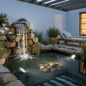 Submersible pond lights beside a stone waterfall in a garden water feature
