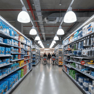 Aisle in a retail store illuminated by multiple pendant lights, showcasing various products on shelves.