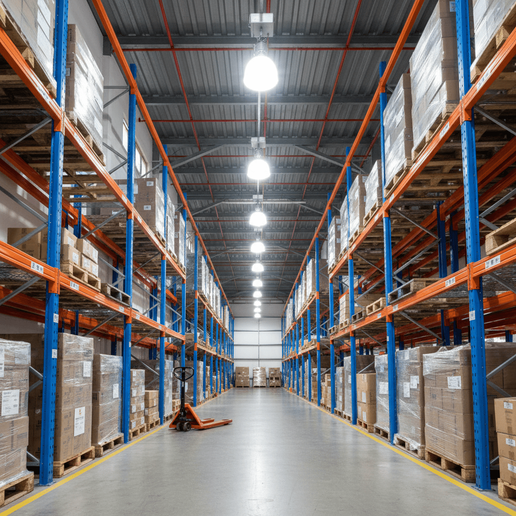 A well-lit warehouse aisle showcasing E40 LED bulbs illuminating stacked pallets and shelves.