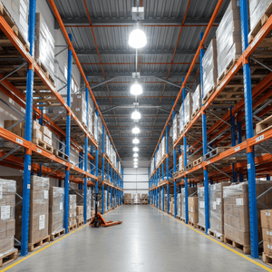 A well-lit warehouse aisle showcasing E40 LED bulbs illuminating stacked pallets and shelves.