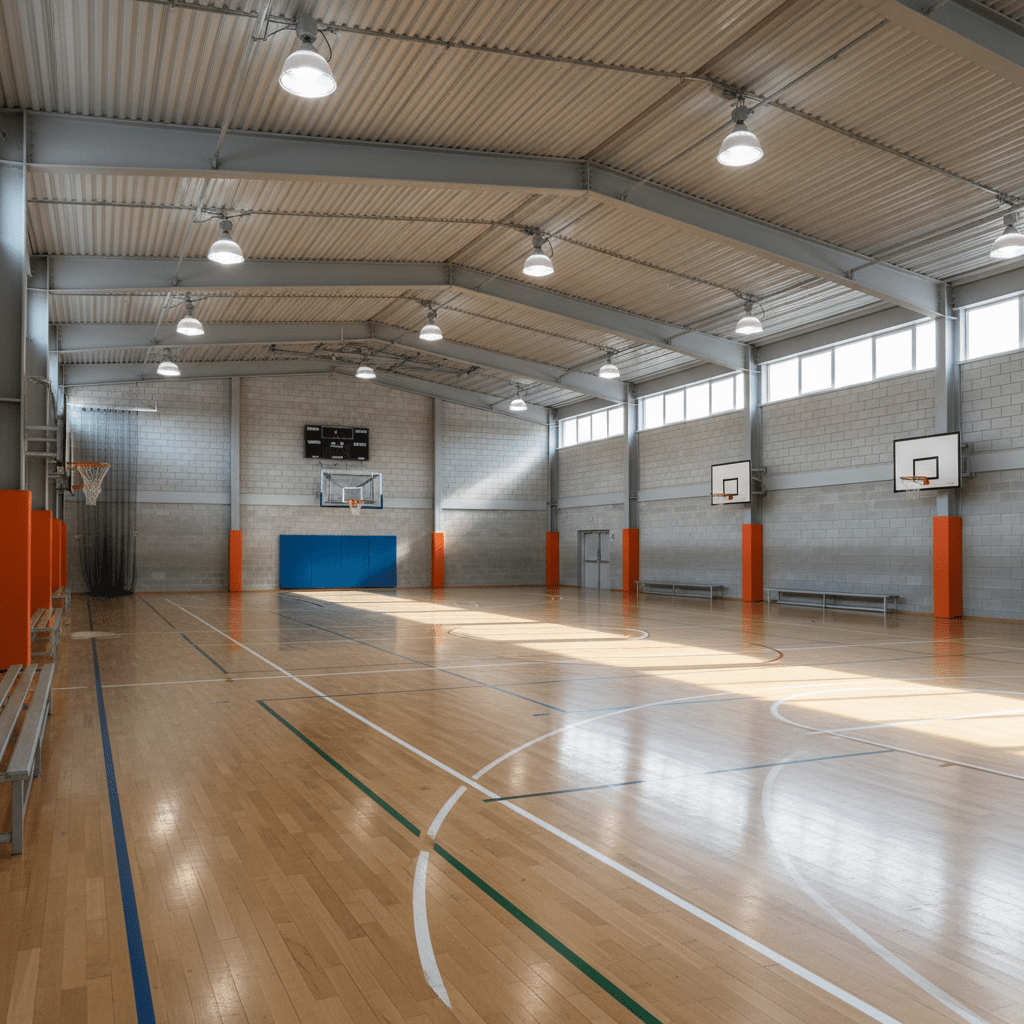 Brightly lit indoor sports hall featuring high ceilings and E40 LED bulbs for optimal visibility.
