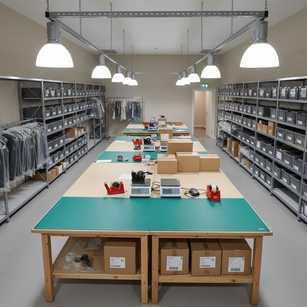 Brightly lit warehouse workspace with E40 LED bulbs illuminating tables and shelving units.