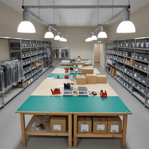 Brightly lit warehouse workspace with E40 LED bulbs illuminating tables and shelving units.