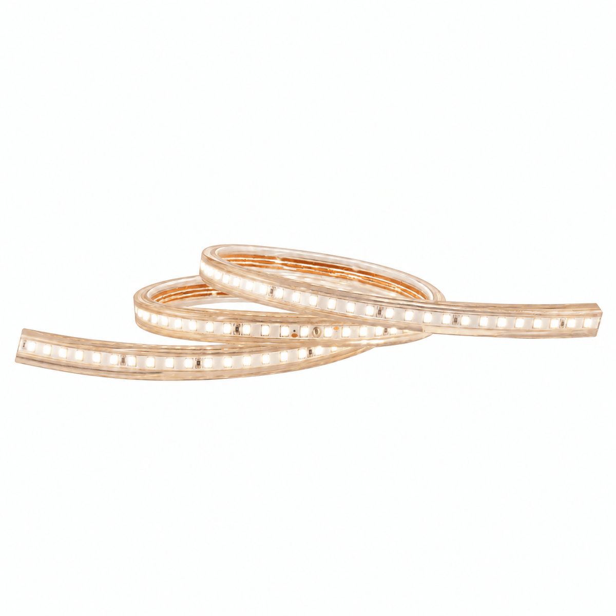 230V IP65 warm white LED strip light, 6W per meter, on a white background