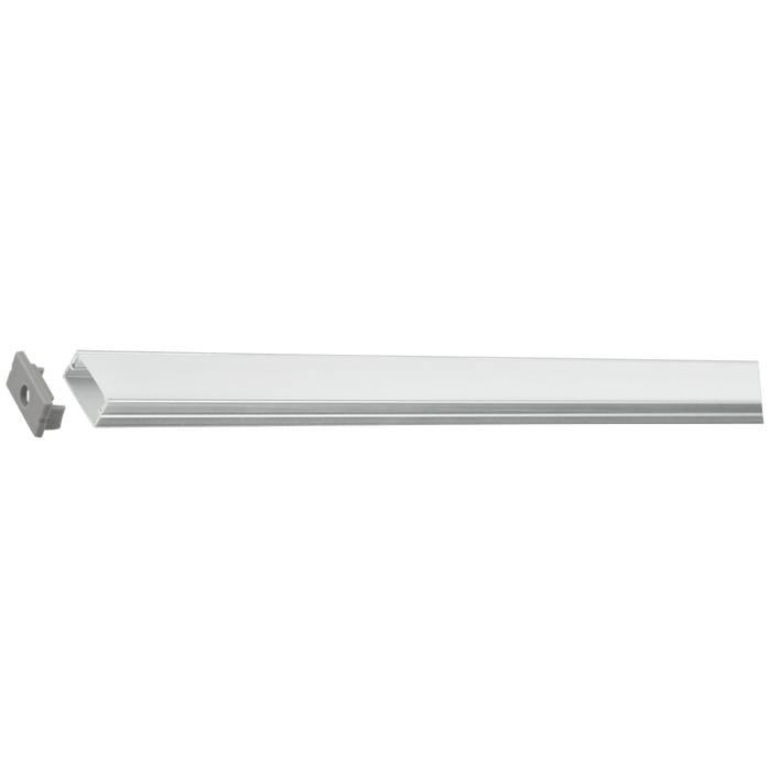 Aluminium LED extrusion with frosted cover, designed for under-cabinet lighting, showcasing a sleek profile.