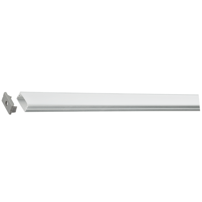 Aluminium LED extrusion with frosted cover, designed for under-cabinet lighting, showcasing a sleek profile.