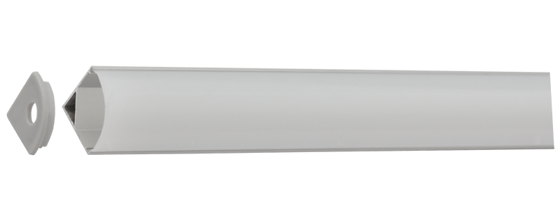 LED extrusion with frosted cover, corner profile design, showcasing aluminum construction and end cap.
