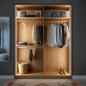 Illuminated wardrobe showcasing neatly hung clothes and storage boxes, highlighting the deep surface LED extrusion.
