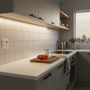 LED extrusion mounted under kitchen cabinets, illuminating a countertop with tomatoes and a kettle.