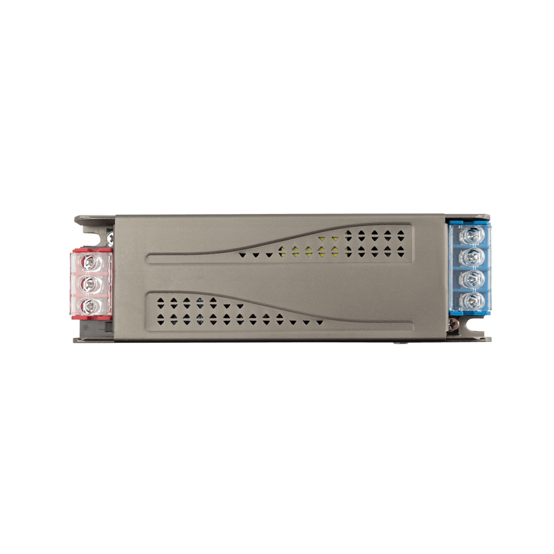 Slim 24Vdc 100W LED power supply with surge protection, showcasing metal enclosure and connection terminals.