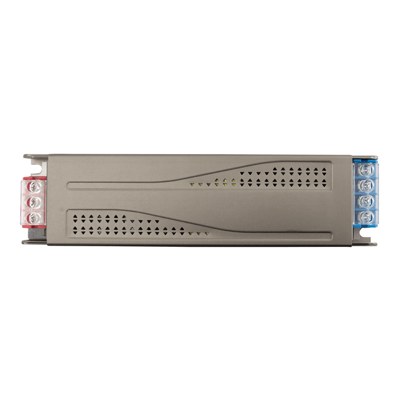 Sleek 24Vdc 200W LED power supply with ventilation slots and terminal blocks for wiring.