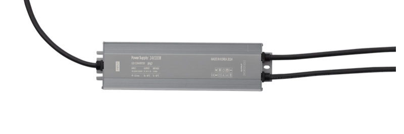 Waterproof 24Vdc LED power supply with input/output cables, designed for outdoor signage and display lighting.