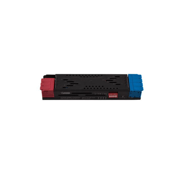 Black 24Vdc 60W LED power supply with DIP switch step dimming and compact design.