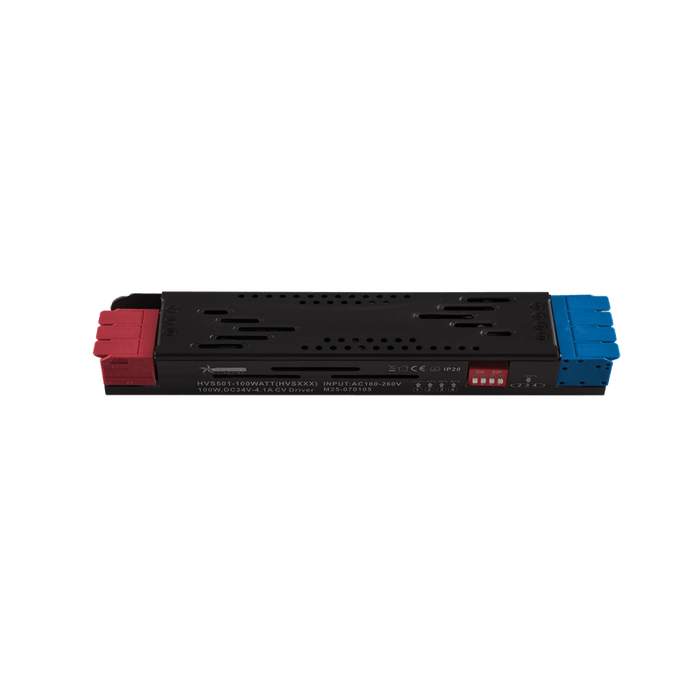 LED Power Supply - 24Vdc 100W with DIP Switch Step Dimming, featuring a sleek black design and connection terminals.