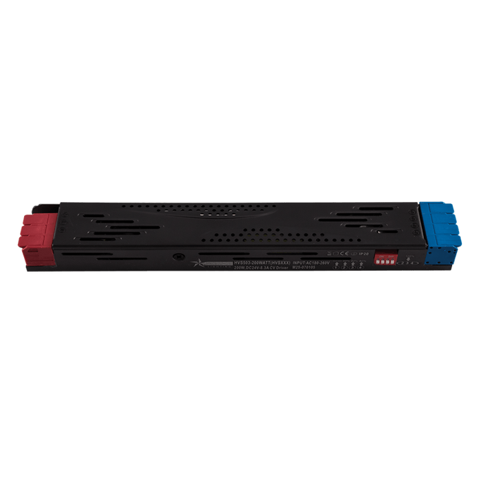 LED Power Supply - 24Vdc 200W with DIP Switch Step Dimming, featuring a sleek black design and connection terminals.