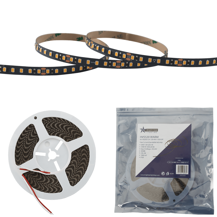 Free-Cut LED Strip Light 3000K on a spool with packaging, showcasing flexible design and warm glow.