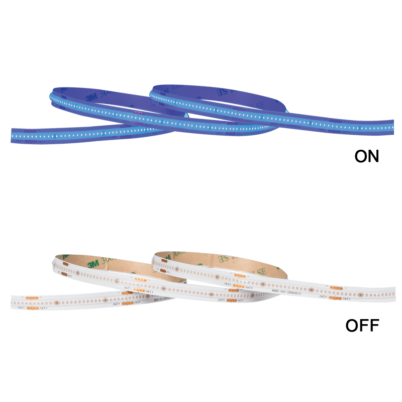Seamless 24V COB strip light showcasing blue light on one side and warm white light off on the other.