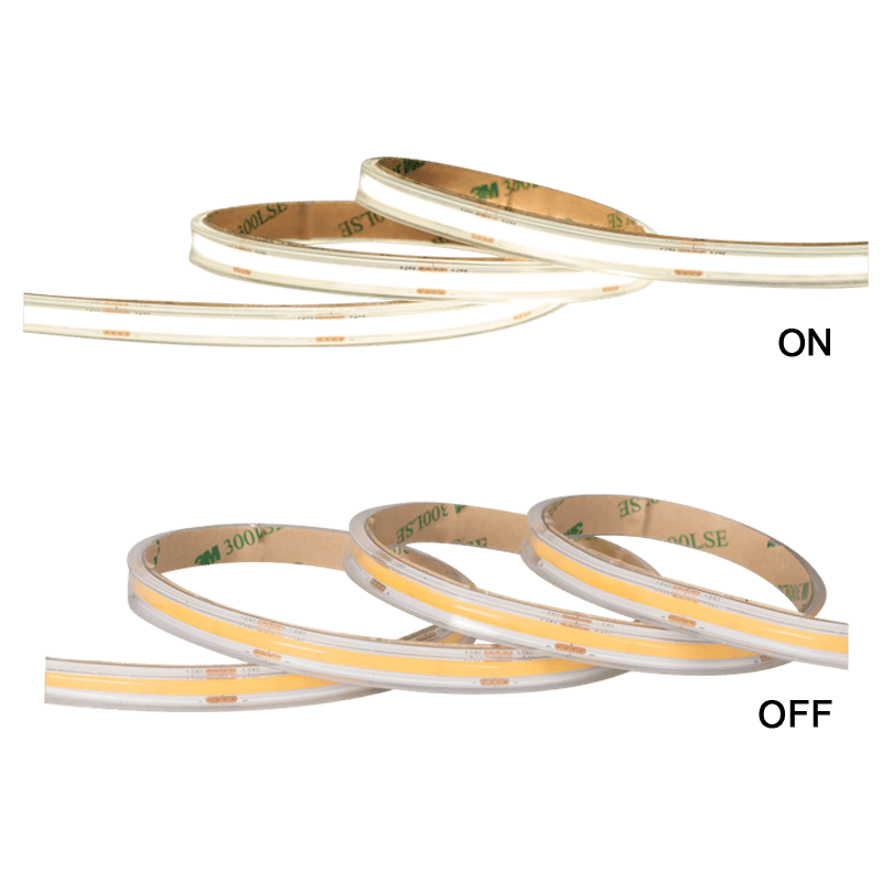 IP65 Seamless 24V COB Strip Light displayed in two states: illuminated and unlit, showcasing its design.