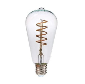 Clear light bulb with spiral filament on a white background