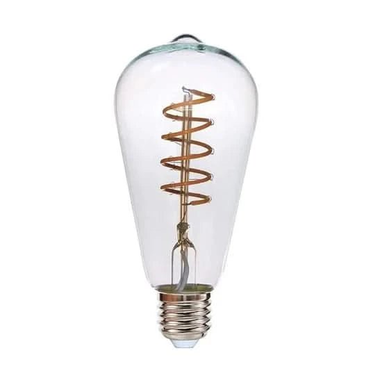 Clear light bulb with spiral filament on a white background
