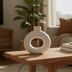 Small white ceramic vase with a hollow doughnut shape on a wooden table in a cozy living room setting.