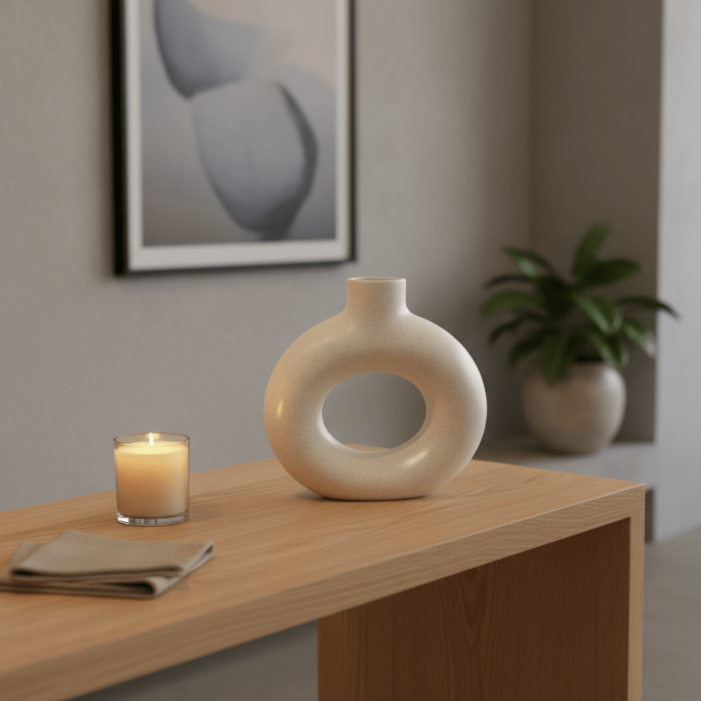 Small white ceramic vase with a hollow doughnut shape on a wooden table, accompanied by a candle and a folded napkin.