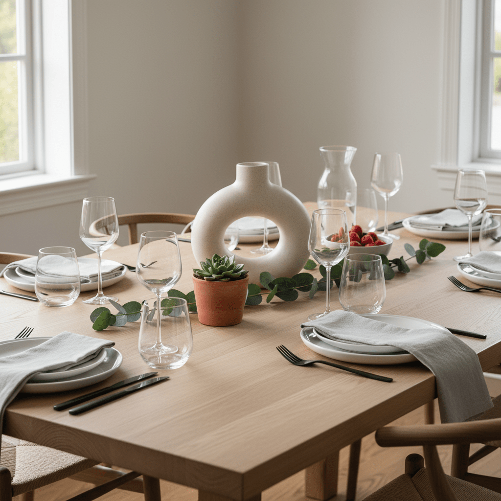 A white hollow doughnut vase on a dining table, surrounded by glassware, plates, and greenery.