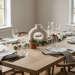 A white hollow doughnut vase on a dining table, surrounded by glassware, plates, and greenery.