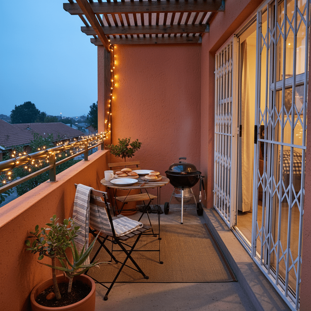 Balcony with string lights, table, chairs, and a grill at dusk.