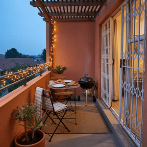 Balcony with string lights, table, chairs, and a grill at dusk.