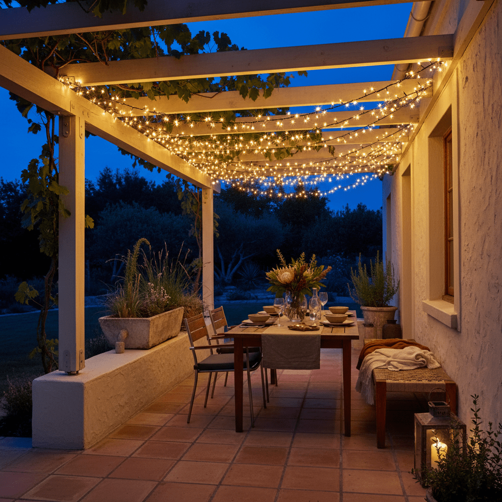Outdoor patio with string lights, table, chairs, and plants at dusk.