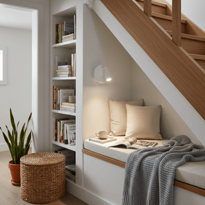 Rechargeable LED wall light mounted beside a cozy reading nook with books, cushions, and a plant.