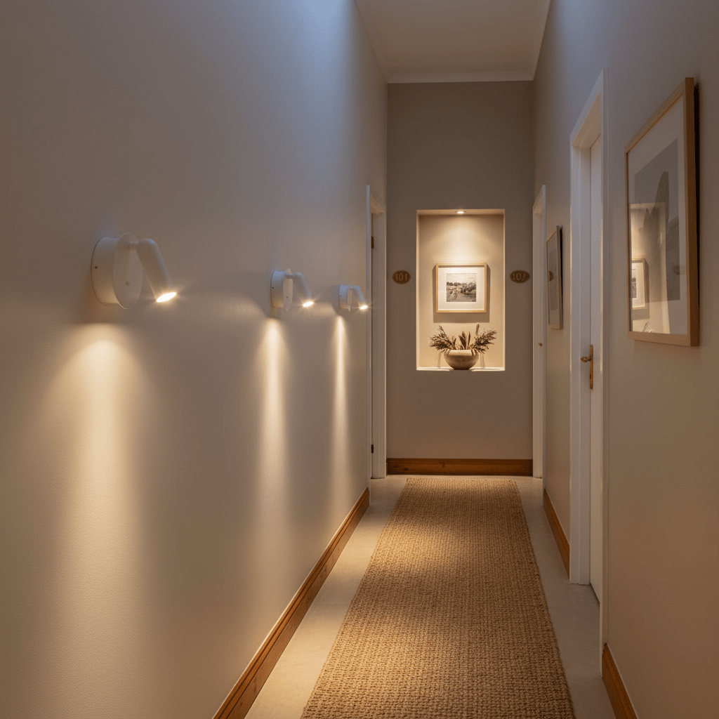 A hallway featuring multiple white rechargeable LED wall lights, illuminating the space with warm light.