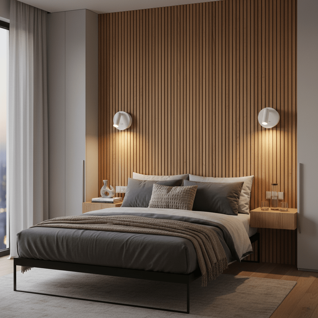 Modern bedroom featuring a rechargeable LED bedside wall light mounted on a wooden panel behind a bed.