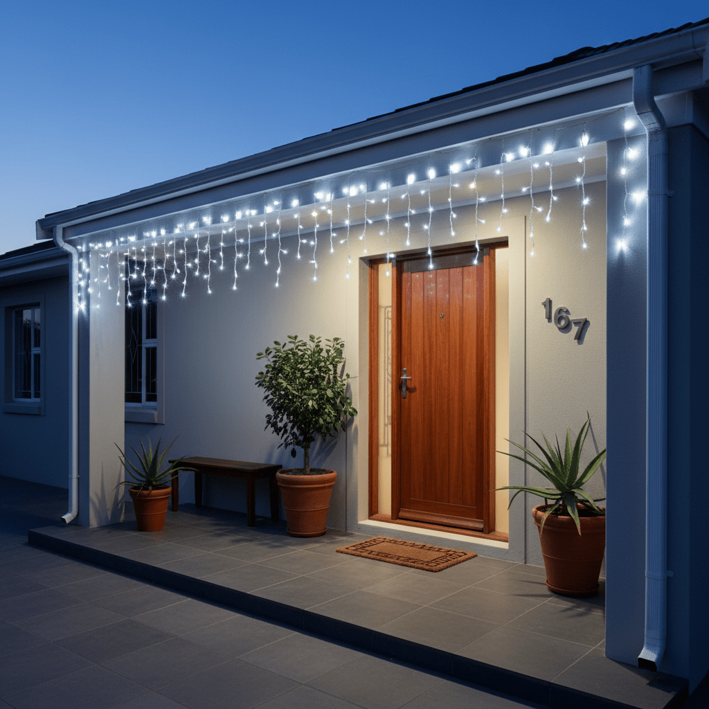 Cool white twinkling icicle lights hanging above a front door, enhancing the entrance ambiance.