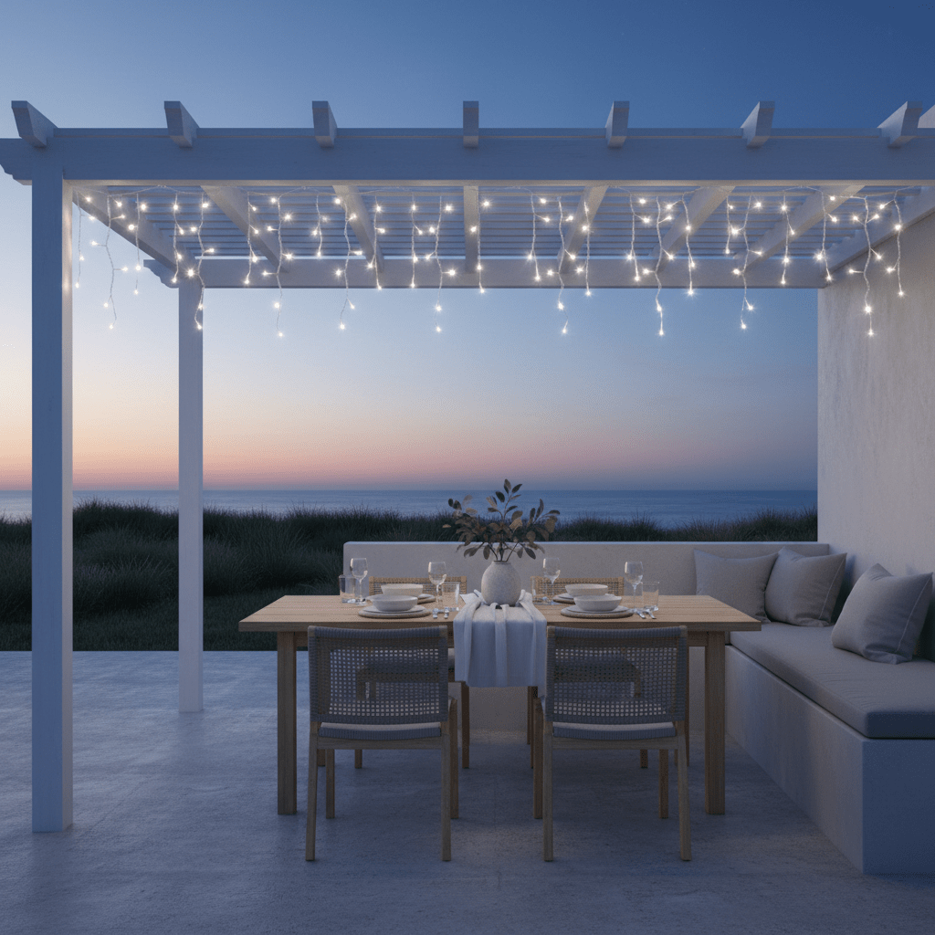 Twinkling icicle lights hang from a pergola above a dining table set for outdoor dining at sunset.