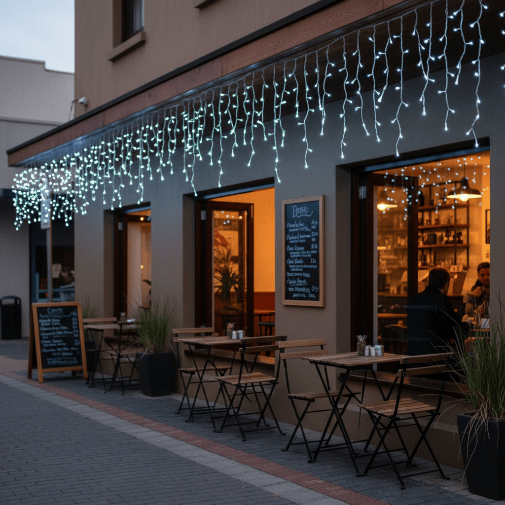 Cool white twinkling icicle lights hanging above a café entrance, enhancing outdoor ambiance.