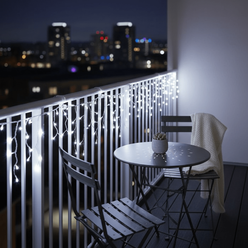 Cool white twinkling icicle lights draped along a balcony railing, with a table and chairs set for ambiance.