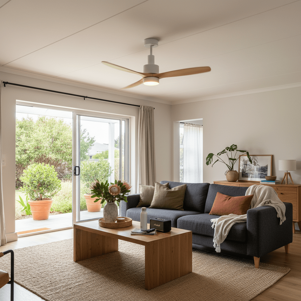 52 inch ceiling fan sizing guide for Cape Town living rooms, light wood ceiling fan in open-plan lounge, realistic airflow comfort and modern interior styling, 800x800 composition