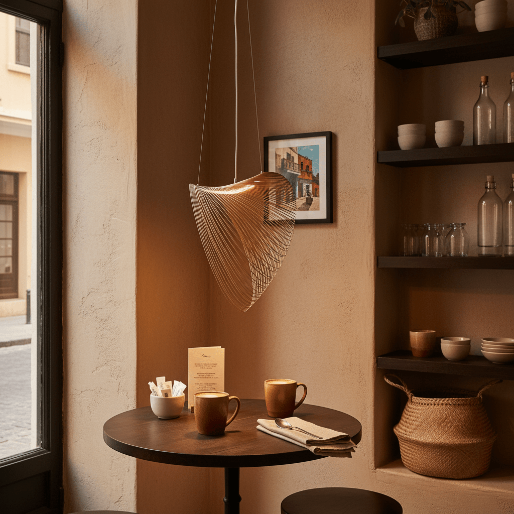 Elijah Natural LED Pendant light hanging above a round wooden table with two coffee mugs and a menu.