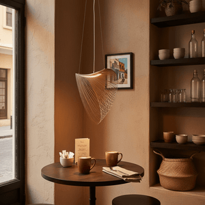 Elijah Natural LED Pendant light hanging above a round wooden table with two coffee mugs and a menu.