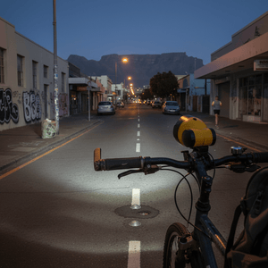 Bicycle with a light on a street at night, with Table Mountain in the background.