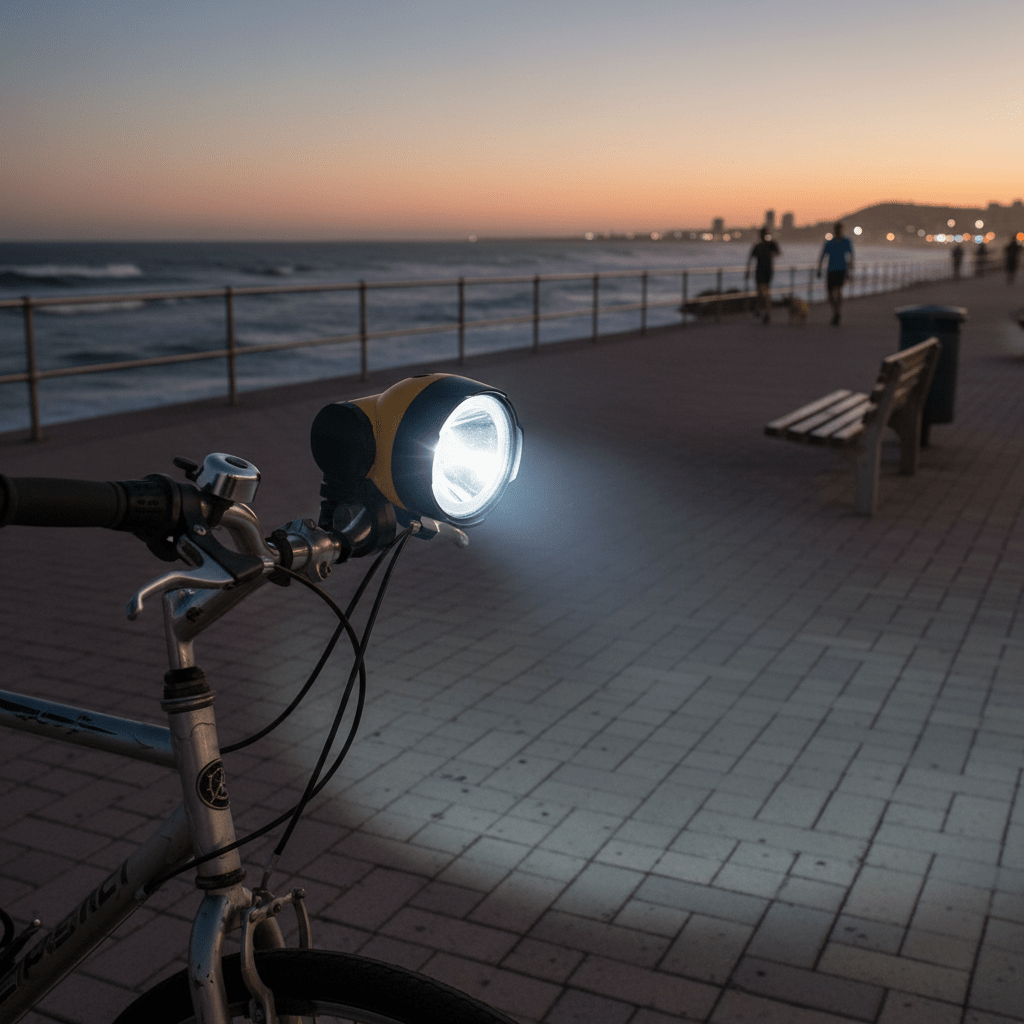 Bicycle headlight on a sidewalk by the ocean at dusk