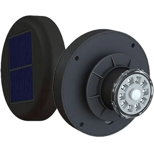 Two views of a black circular solar‑powered motion sensor light, showing a blue solar panel and a clear lens over LED array.