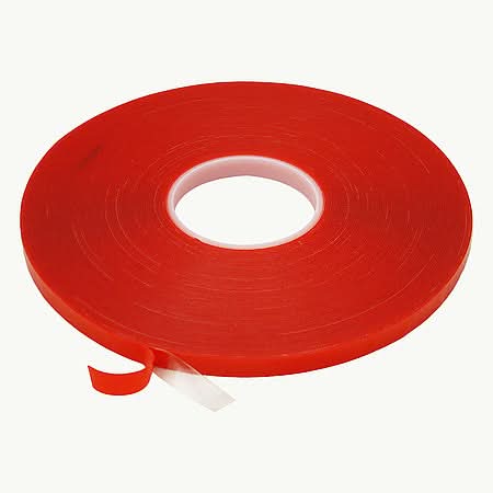 High-bond double-sided tape roll on a neutral background, showcasing its red color and smooth surface.