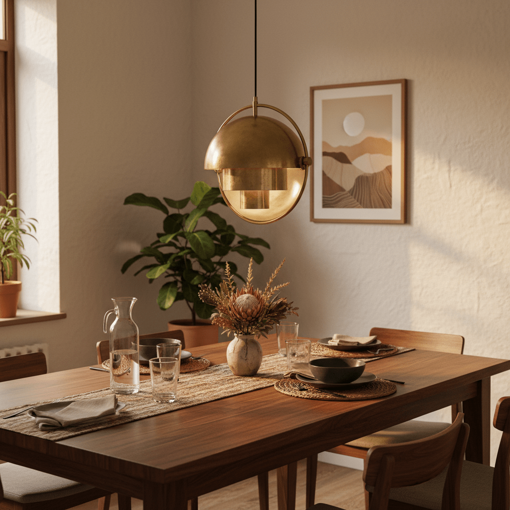 Antique brass pendant light hanging over a wooden dining table set with plates and glasses.