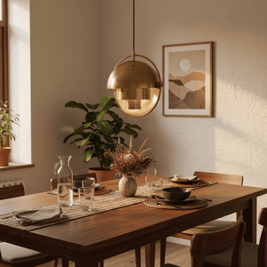 Antique brass pendant light hanging over a wooden dining table set with plates and glasses.