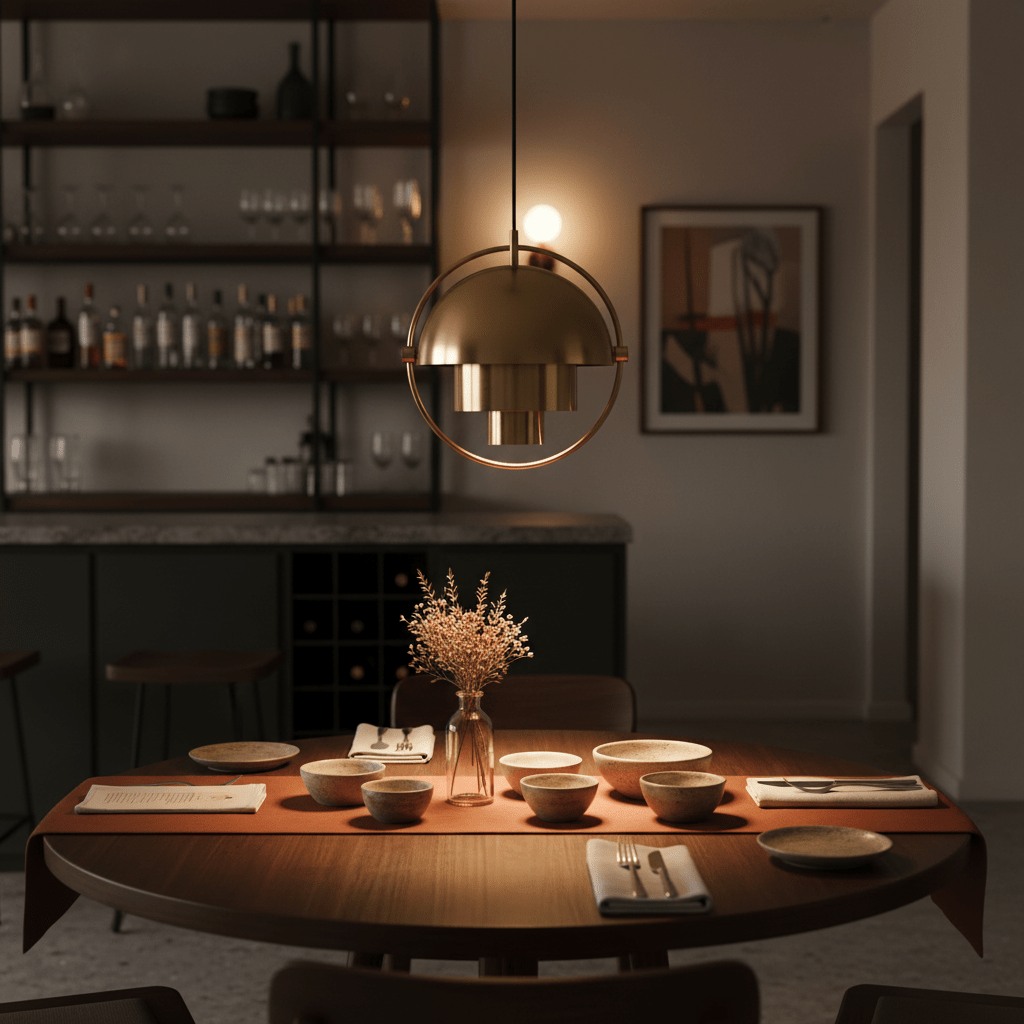 Antique brass pendant light hanging above a dining table set with bowls and a vase of flowers.