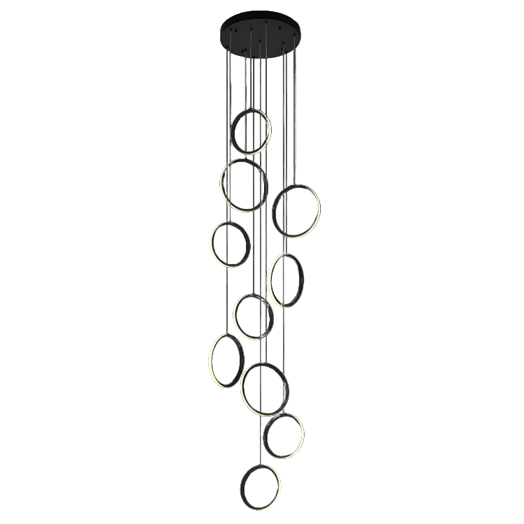 Modern chandelier with circular design on a black background