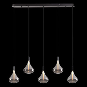 Modern pendant light fixture with five glass bulbs on a black background